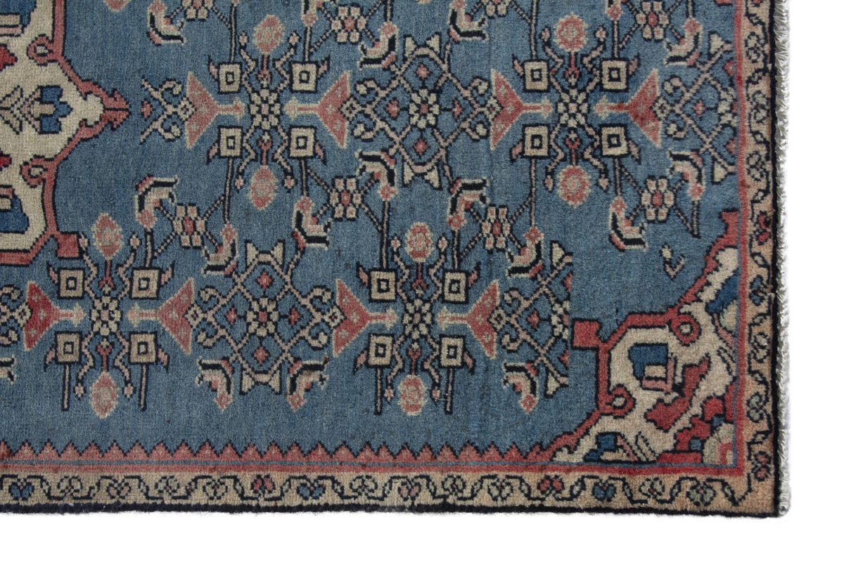 Persian Hamadan accent rug in dusty blue and cream, view 5 of 10