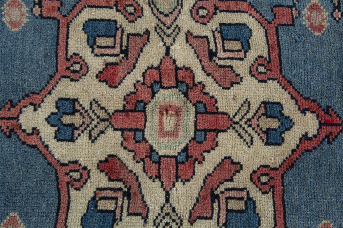 Persian Hamadan accent rug in dusty blue and cream, view 8 of 10
