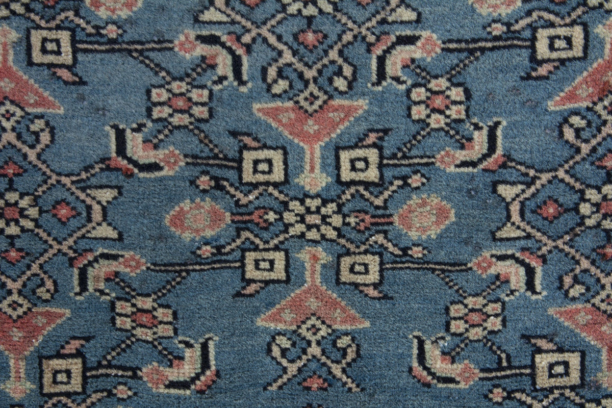 Persian Hamadan accent rug in dusty blue and cream, view 9 of 10