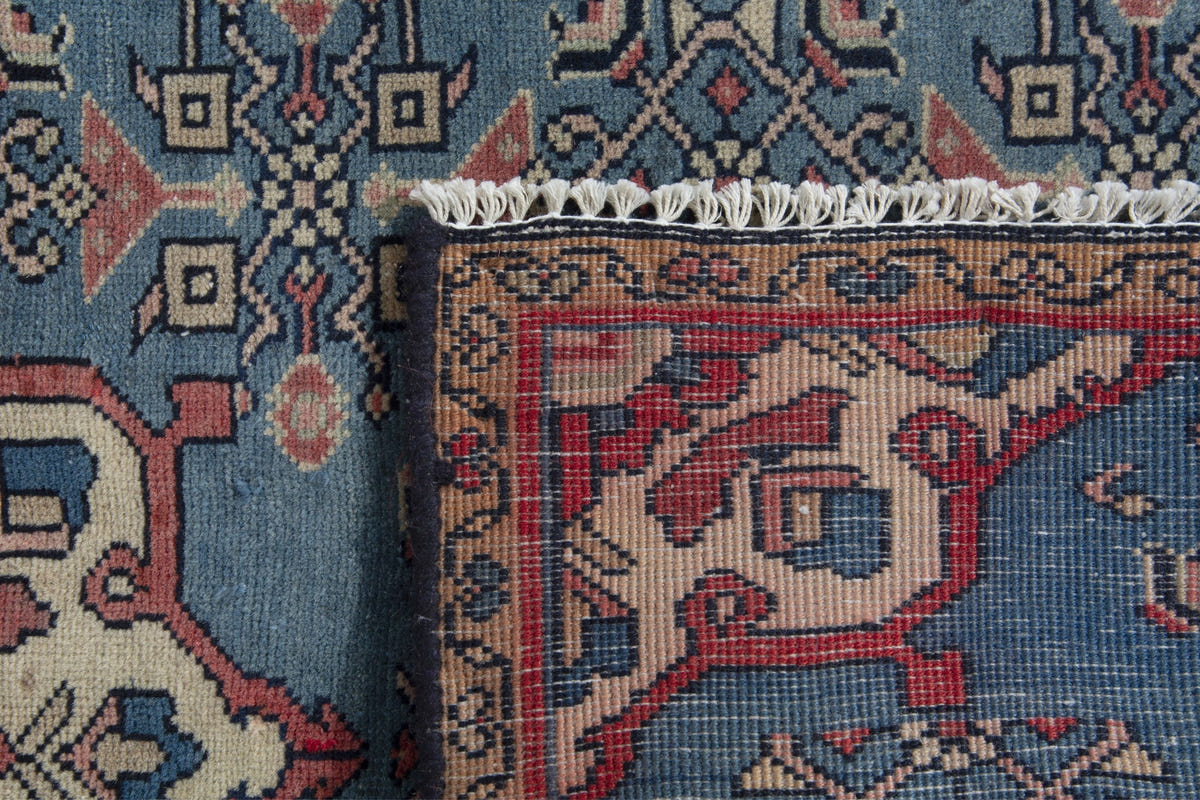 Persian Hamadan accent rug in dusty blue and cream, view 10 of 10