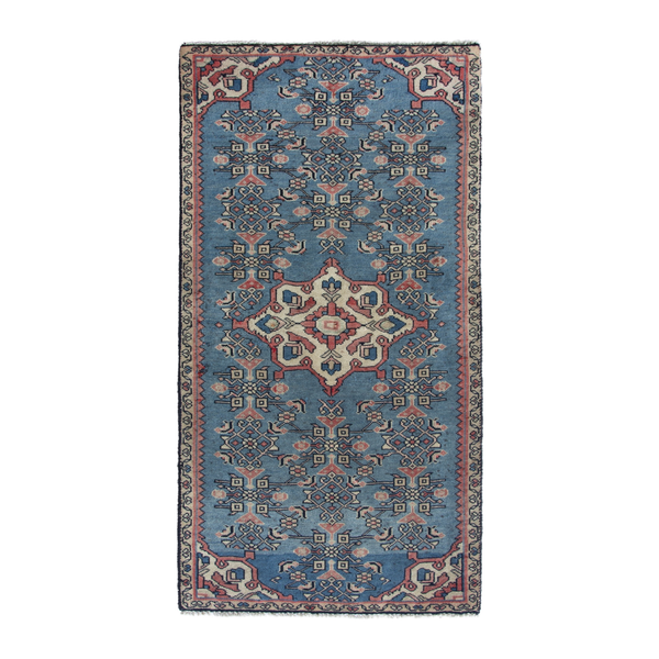 Persian Hamedan accent rug in dusty blue and cream, 2' x 3'11"