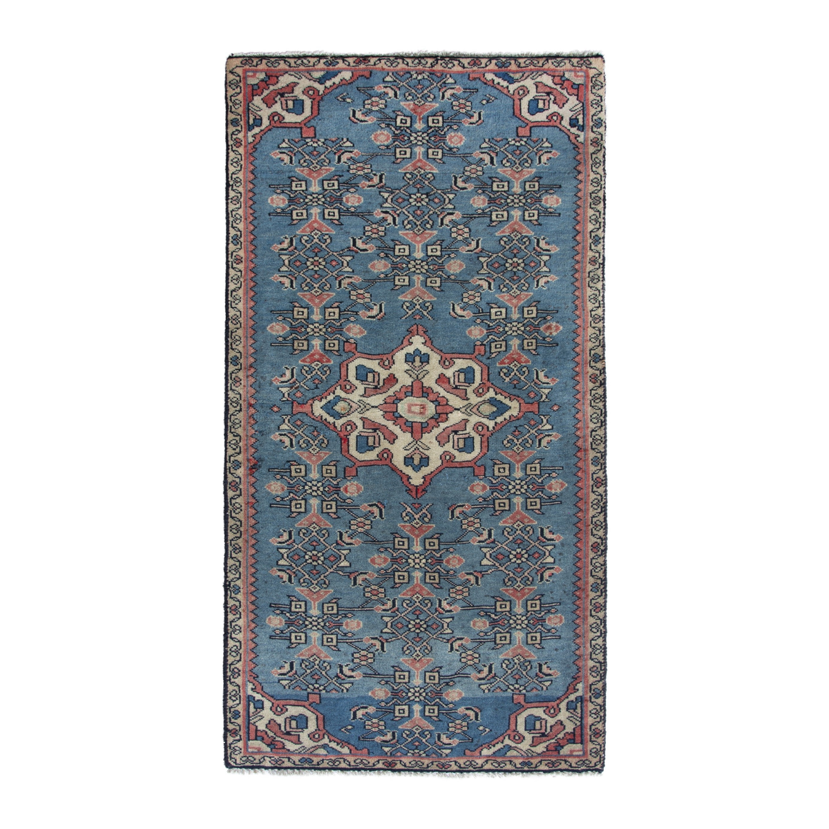 Persian Hamadan accent rug in dusty blue and cream, 2' x 3'11"