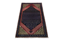 Persian Songhor accent rug in navy and dusty rose, view 3 of 9