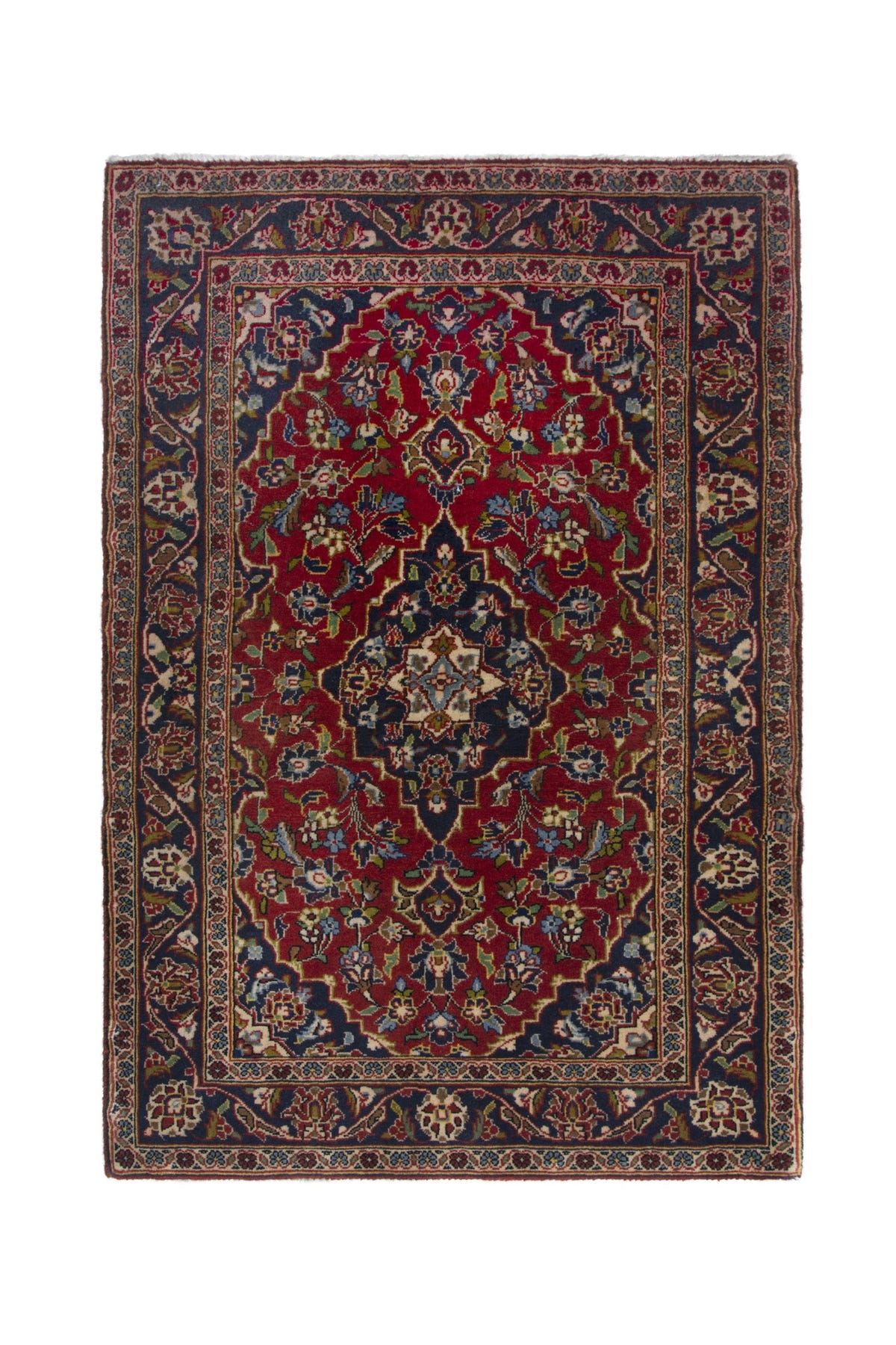 Persian Kashan accent rug in deep red and navy, view 2 of 10