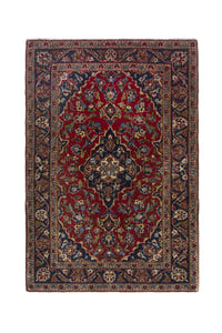 Persian Kashan accent rug in deep red and navy, view 2 of 10