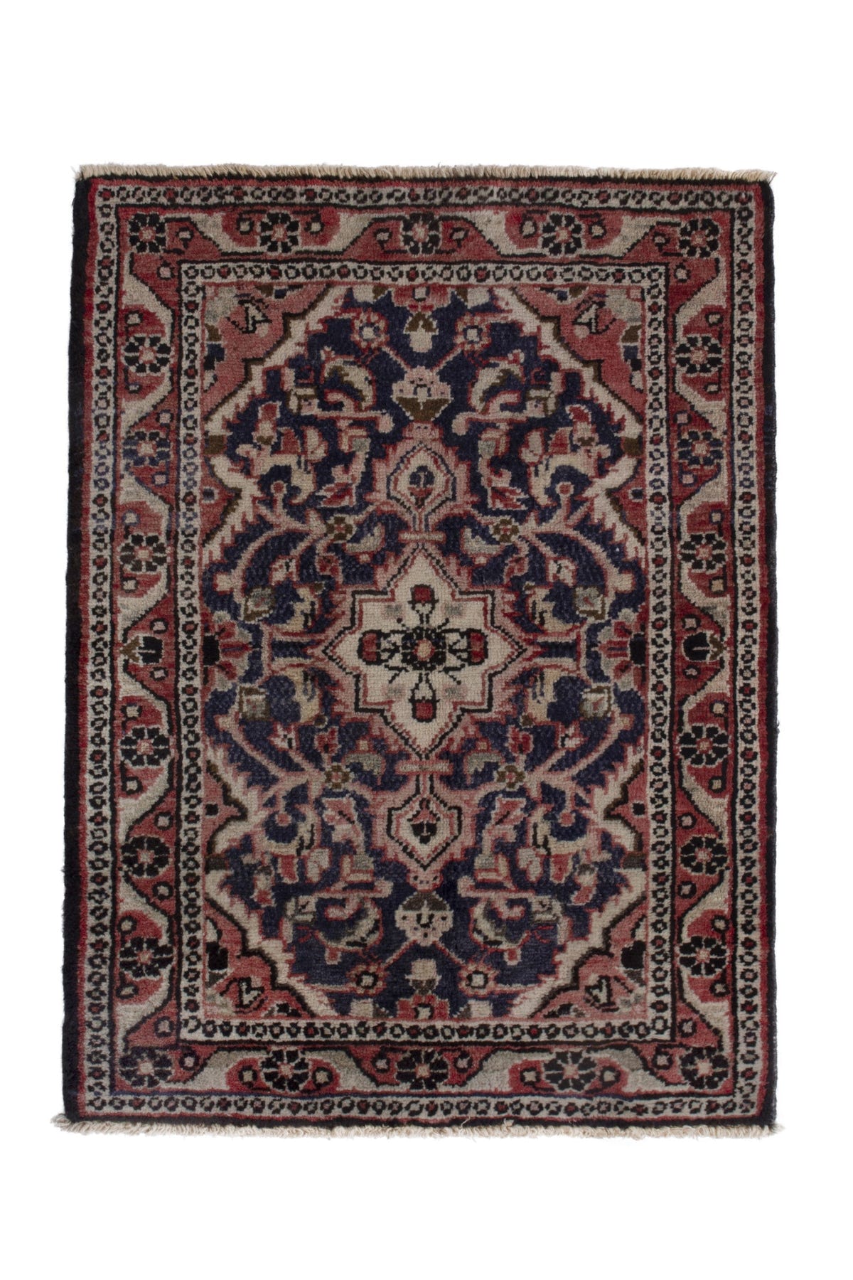 Persian Hamadan accent rug in navy and faded red, view 2 of 8