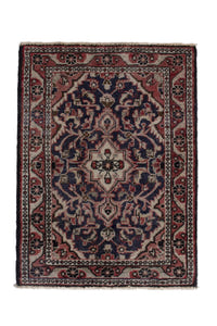 Persian Hamadan accent rug in navy and faded red, view 2 of 8