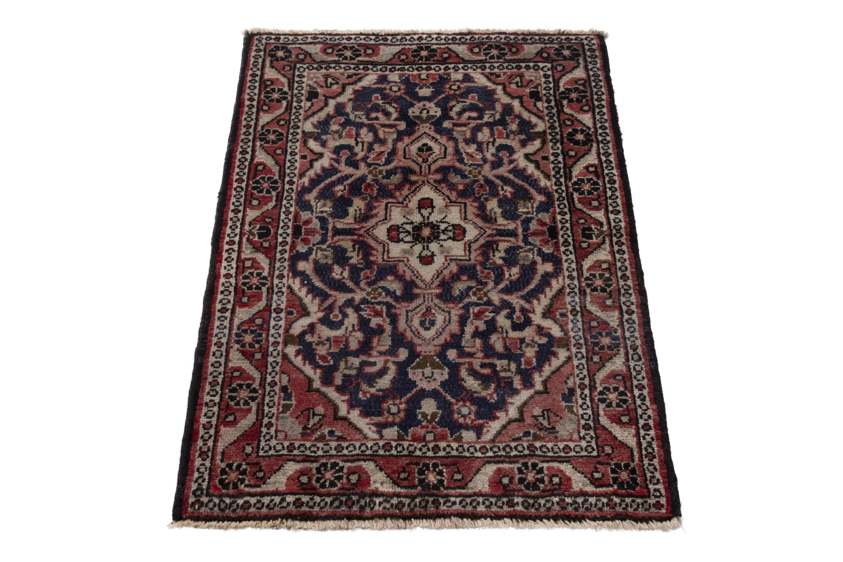 Persian Hamedan accent rug in navy and faded red, view 2 of 7