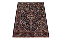 Persian Hamadan accent rug in navy and faded red, view 3 of 8