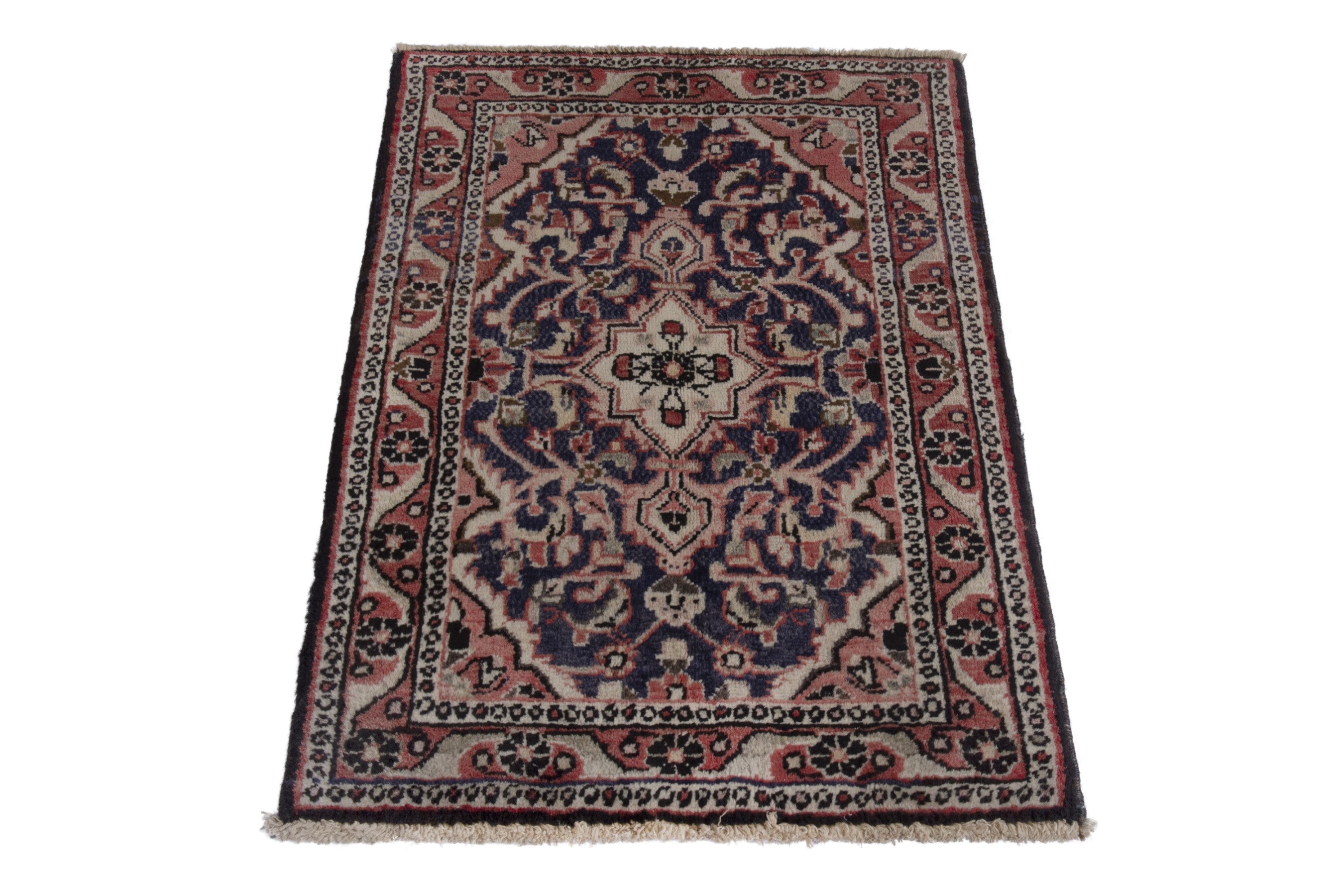 Persian Hamedan accent rug in navy and faded red, view 3 of 7