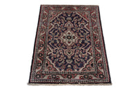Persian Hamadan accent rug in navy and faded red, view 4 of 8