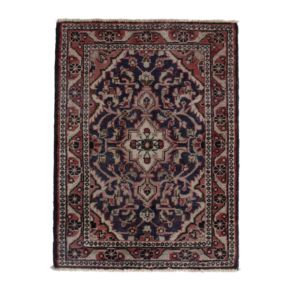 Persian Hamedan accent rug in navy and faded red, 1'11" x 2'7"