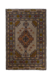 Persian Torkaman accent rug in beige and ochre, view 2 of 9