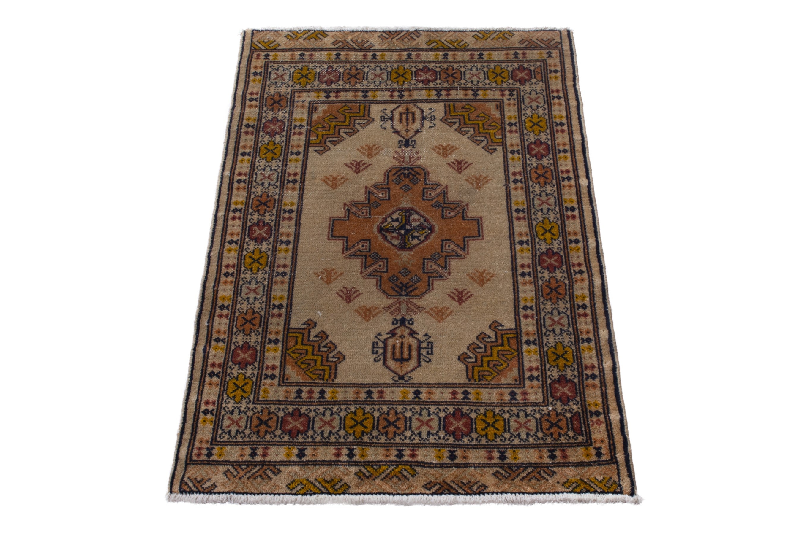 Persian Torkaman accent rug in beige and ochre, view 2 of 8