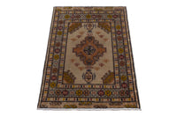 Persian Torkaman accent rug in beige and ochre, view 3 of 9