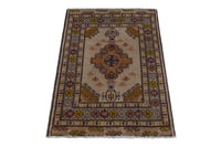 Persian Torkaman accent rug in beige and ochre, view 4 of 9