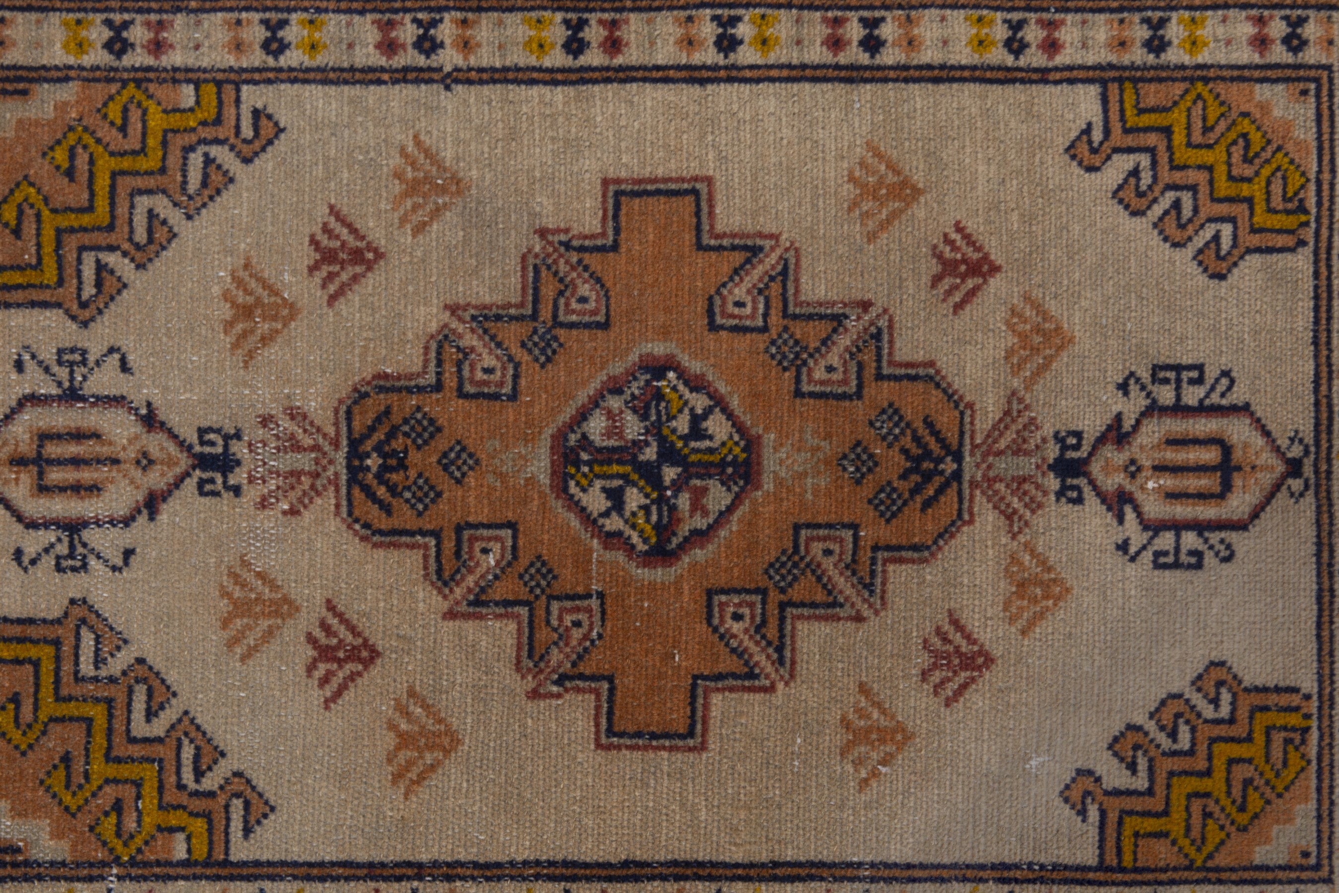 Persian Torkaman accent rug in beige and ochre, view 6 of 8