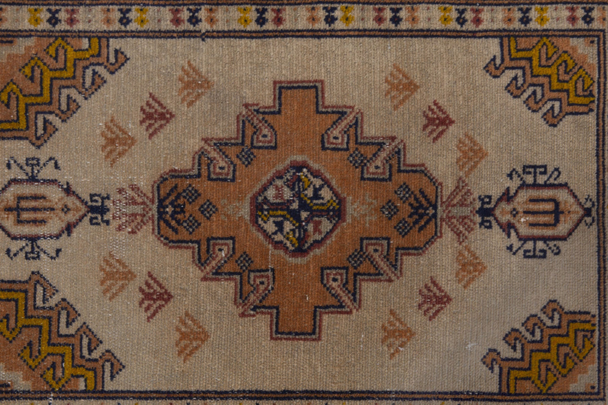 Persian Torkaman accent rug in beige and ochre, view 7 of 9