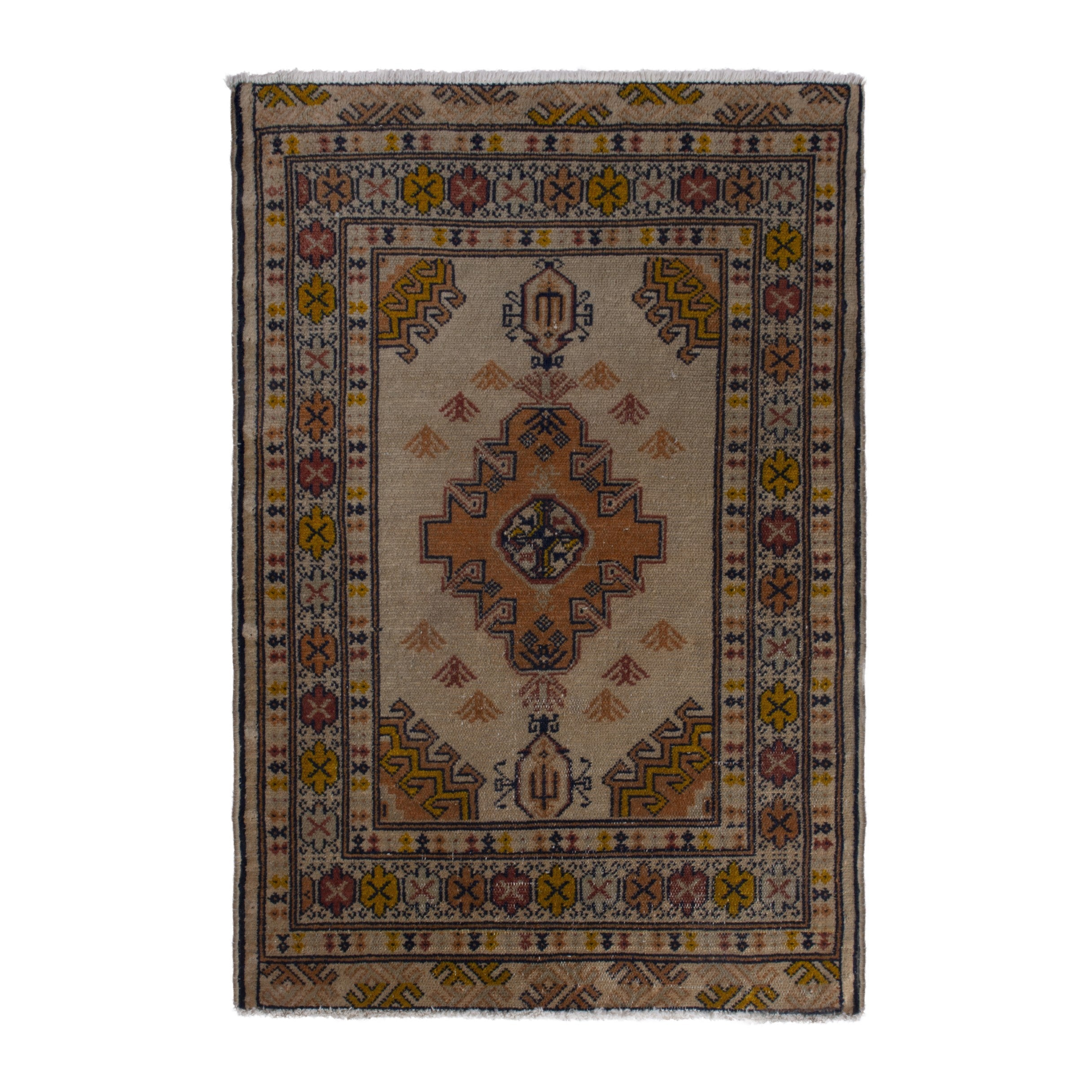 Persian Torkaman accent rug in beige and ochre, 2'2" x 3'1"