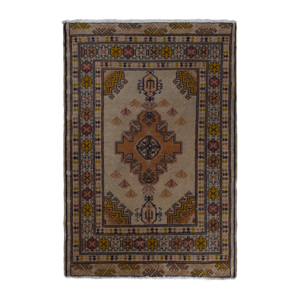 Persian Torkaman accent rug in beige and ochre, 2'2" x 3'1"