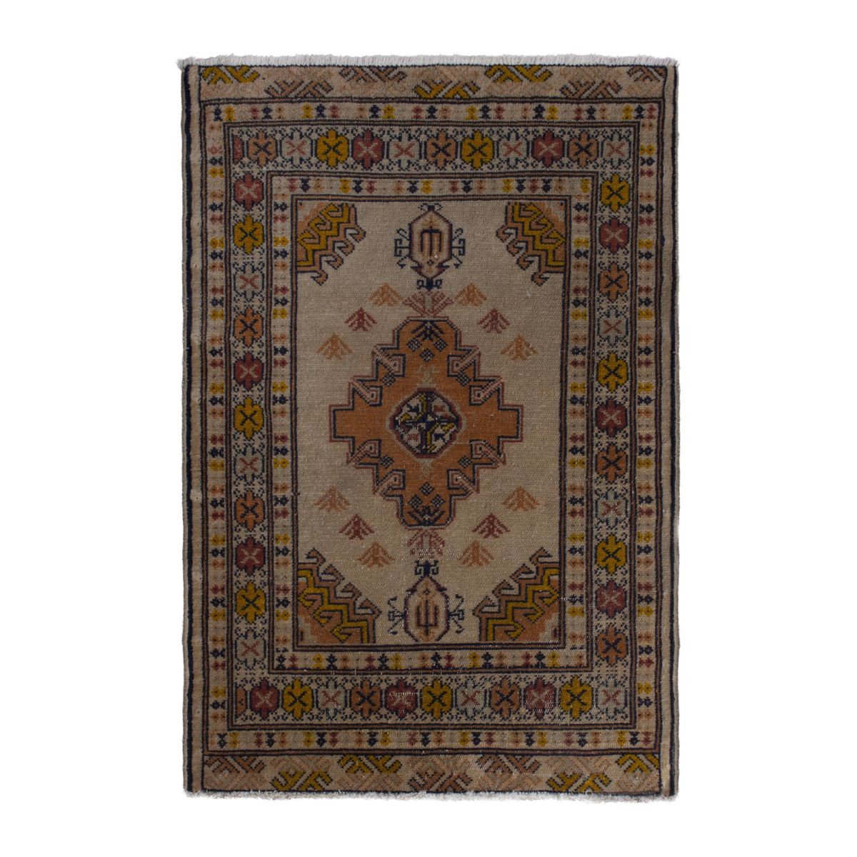 Persian Torkaman accent rug in beige and ochre, 2'2" x 3'1"