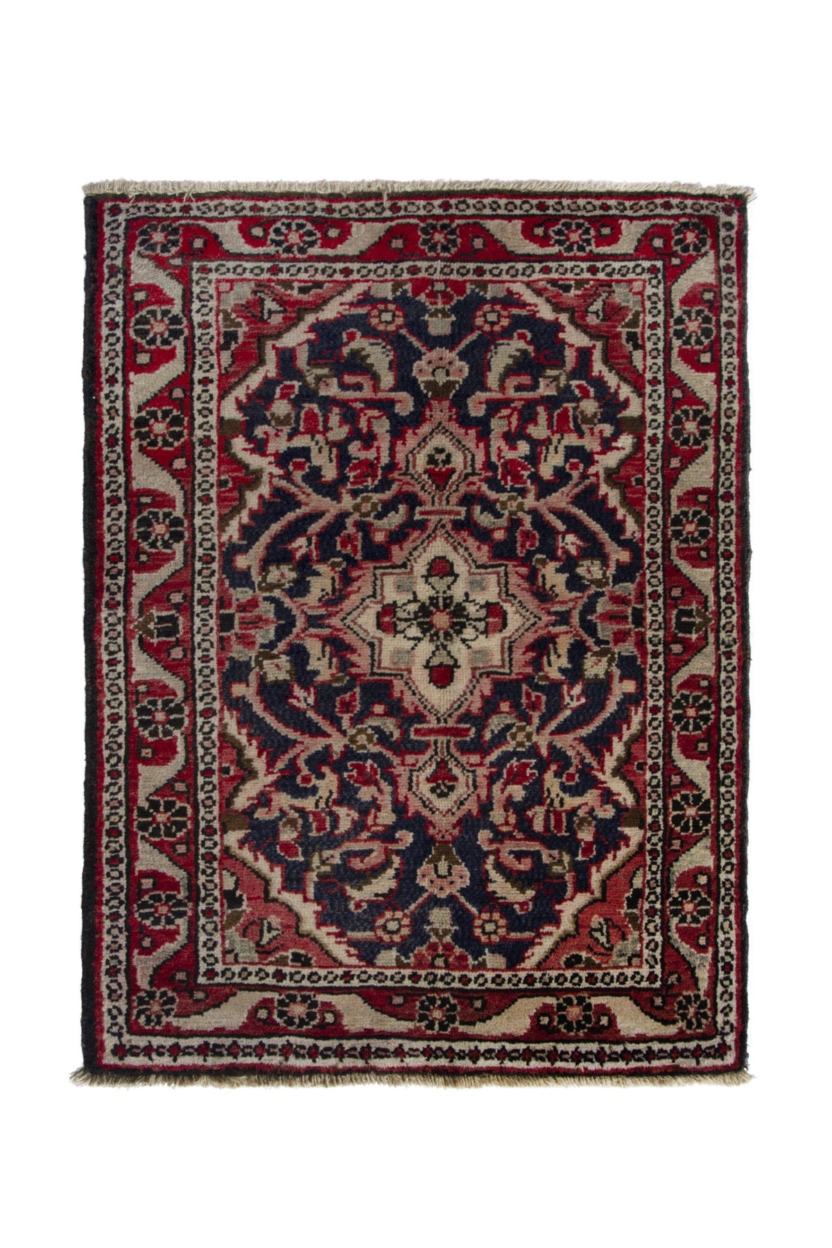 Persian Hamadan accent rug in navy and cream, view 2 of 10