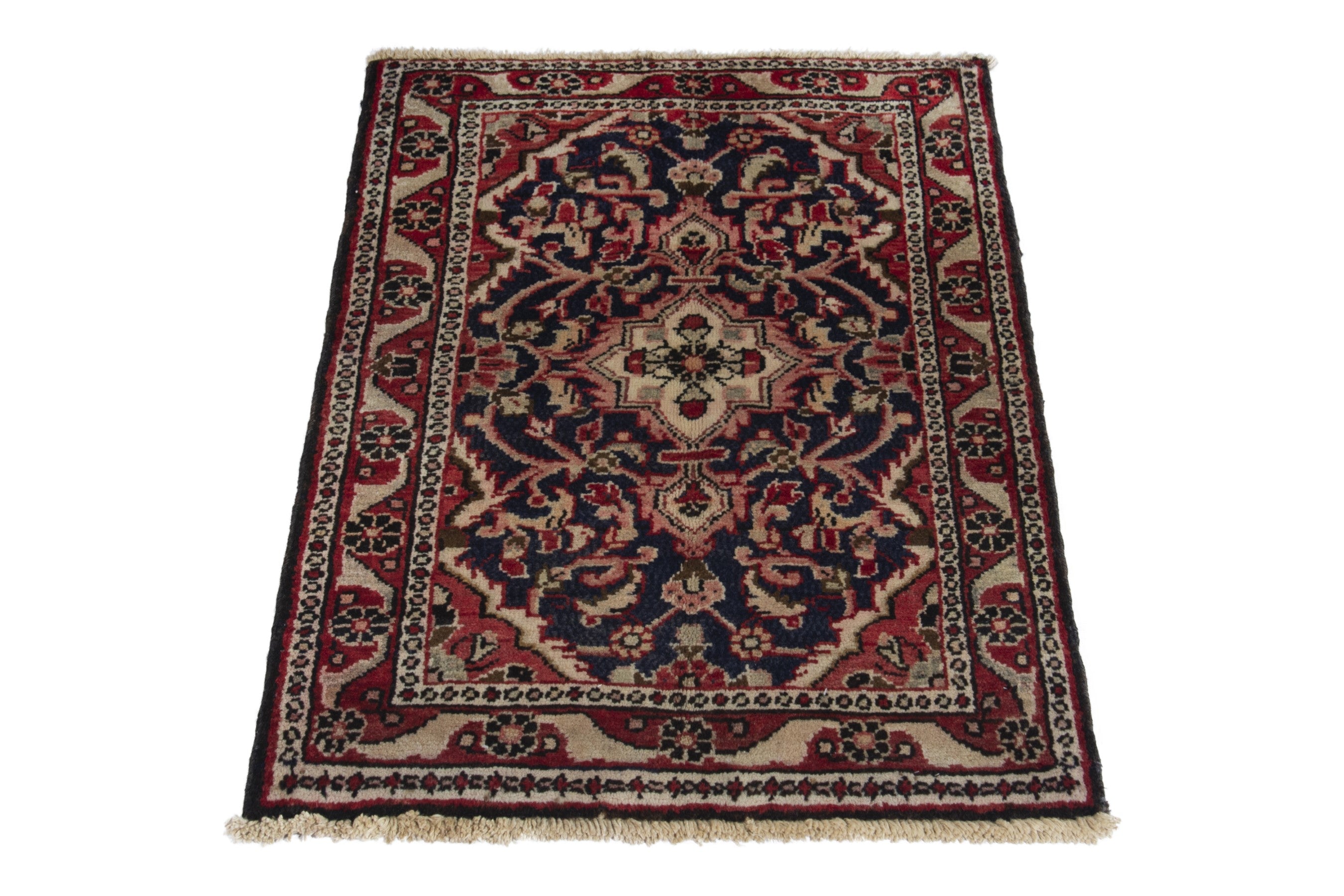 Persian Hamedan accent rug in navy and cream, view 2 of 9