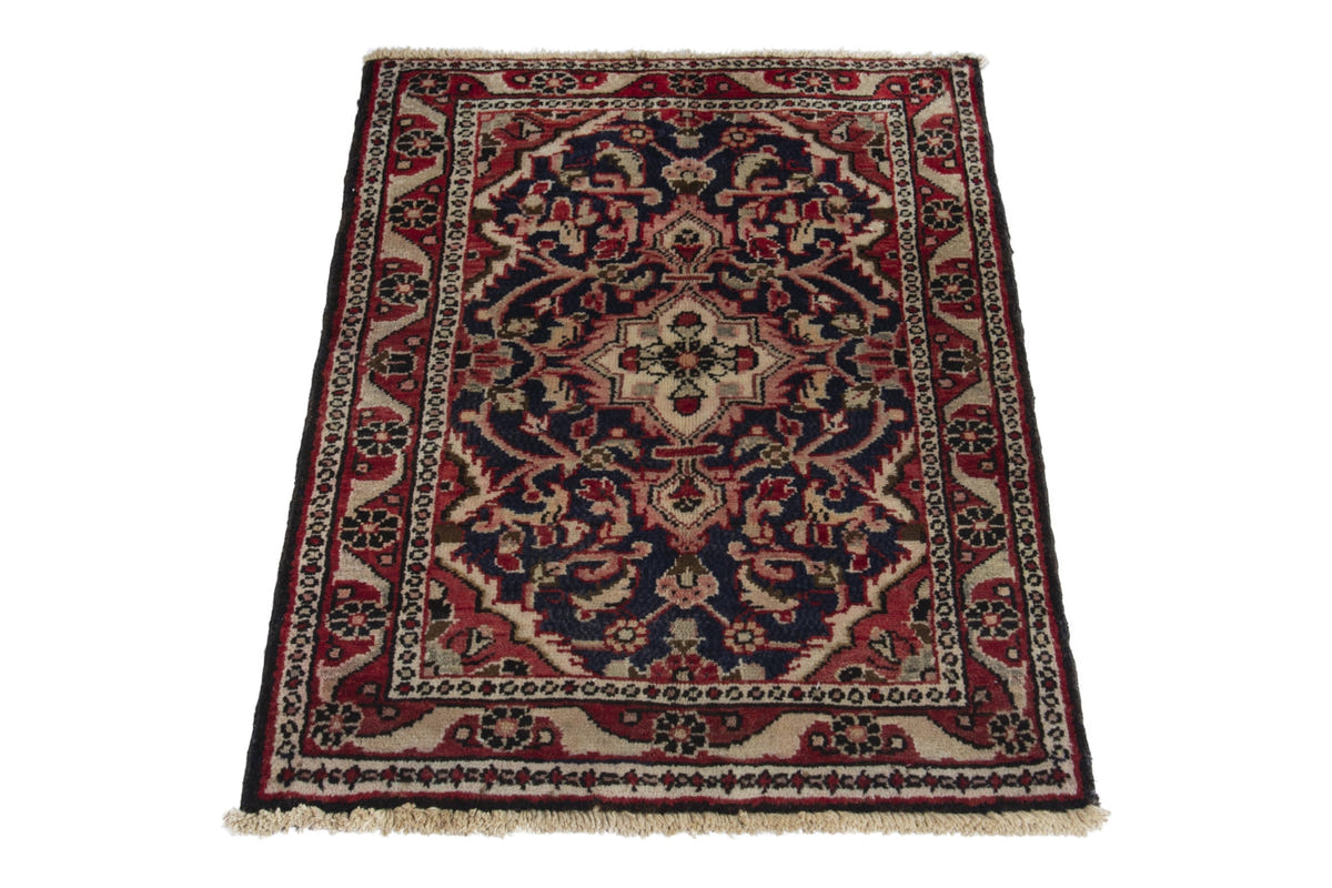 Persian Hamadan accent rug in navy and cream, view 3 of 10