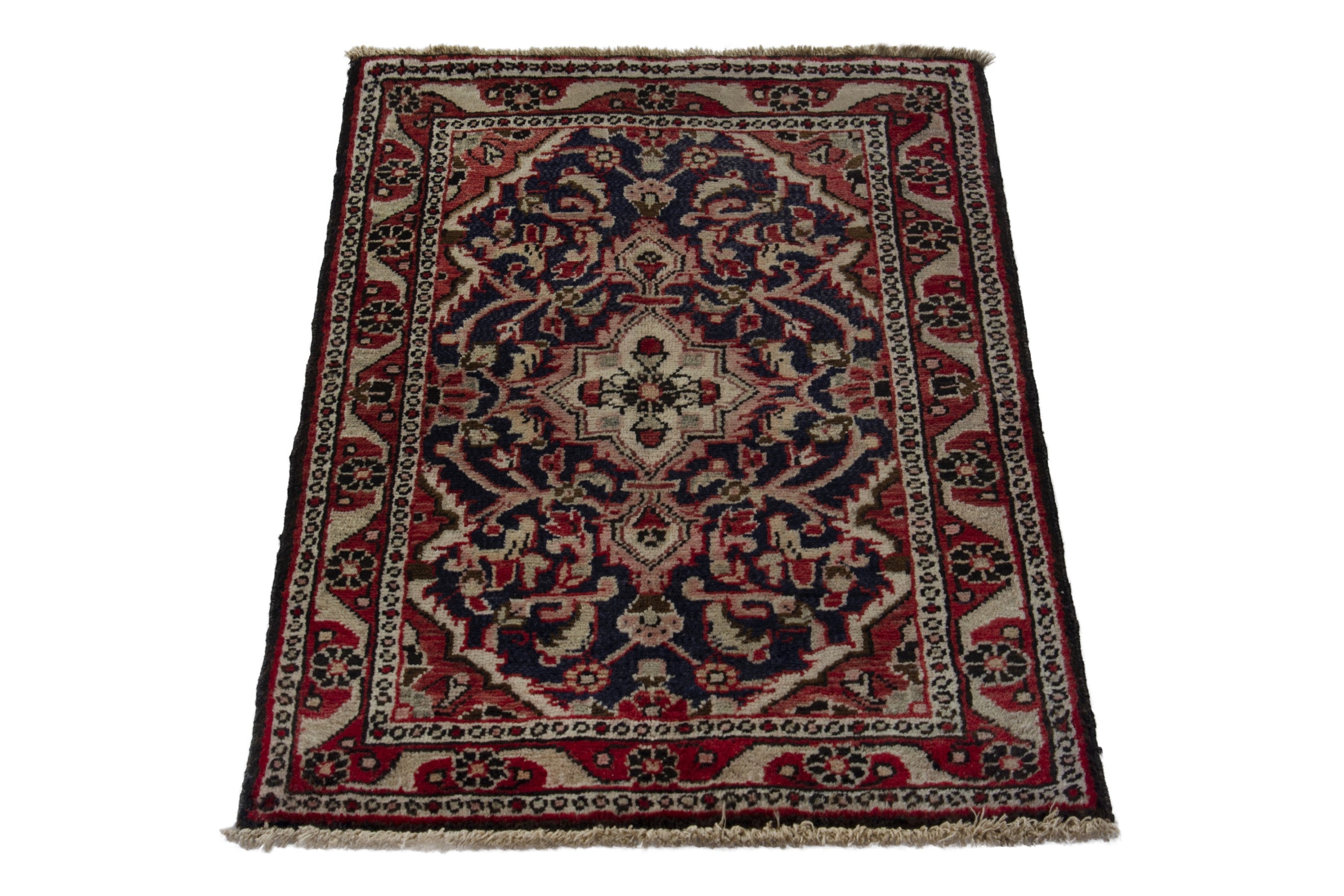 Persian Hamedan accent rug in navy and cream, view 3 of 9