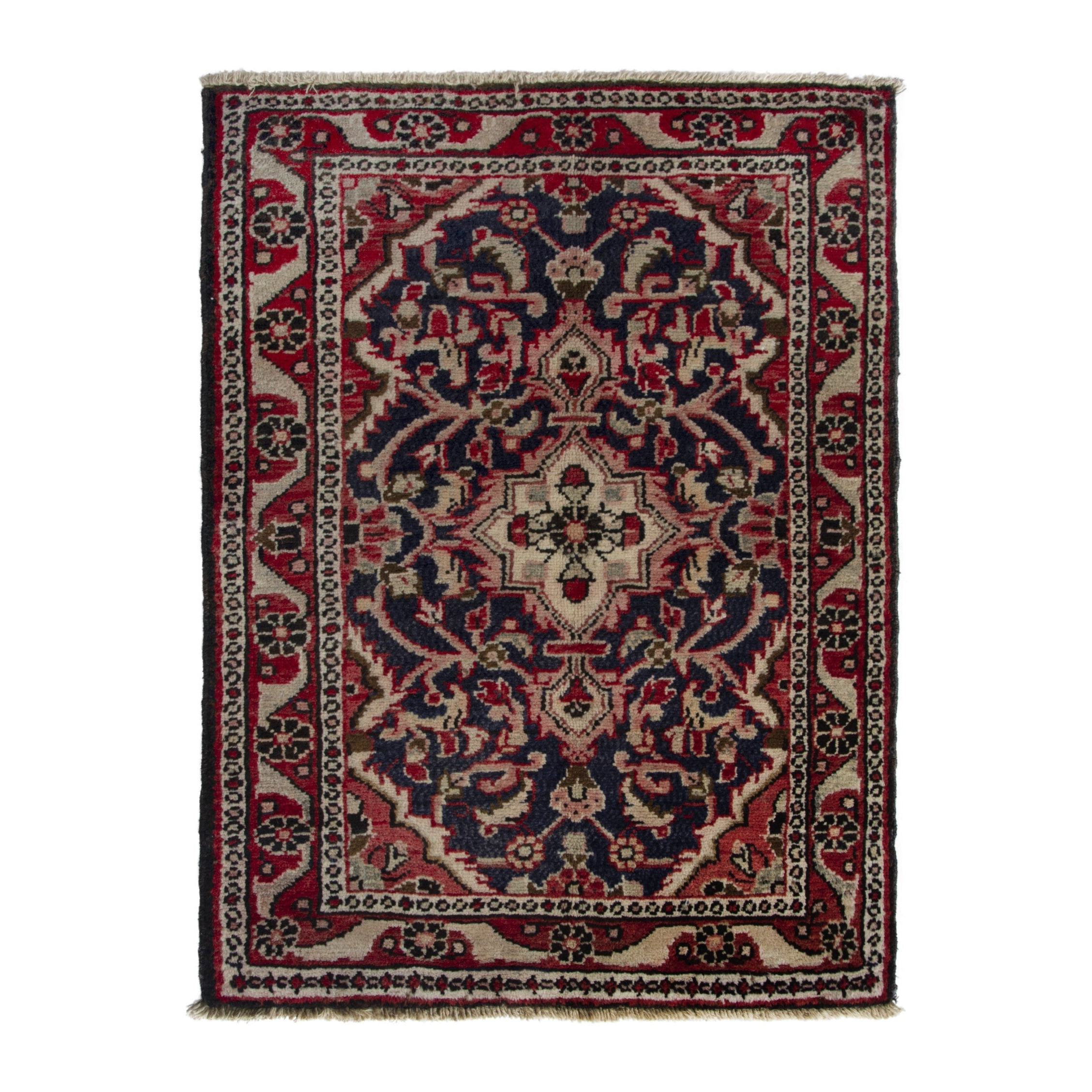 Persian Hamedan accent rug in navy and cream, 1'10" x 2'7"