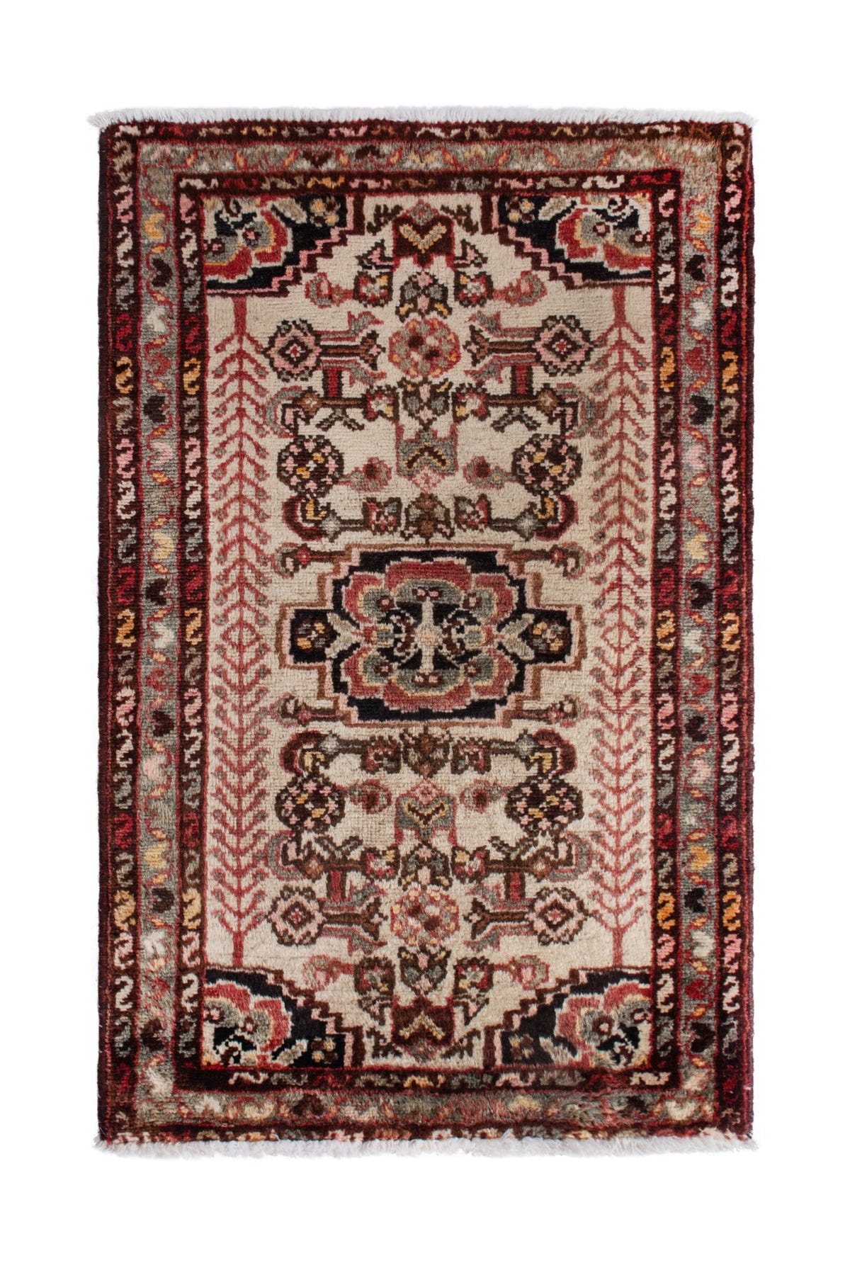 Persian Hamadan accent rug in cream and dark brown, view 2 of 9