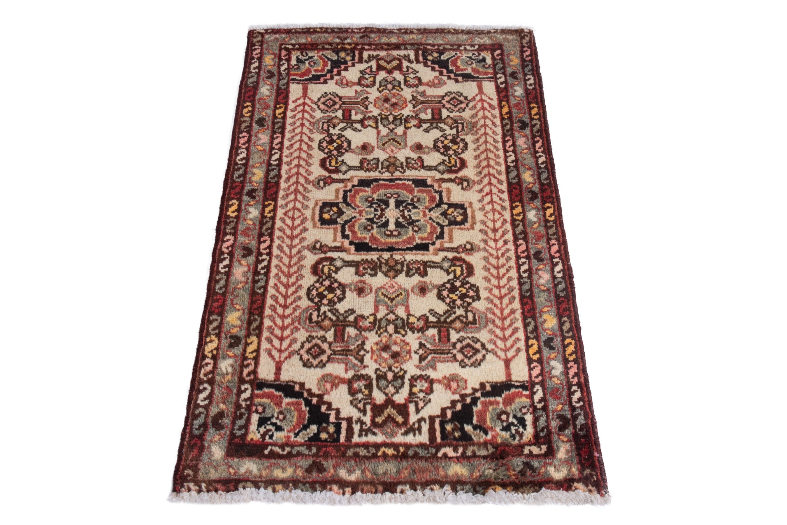 Persian Hamedan accent rug in cream and dark brown, view 3 of 8