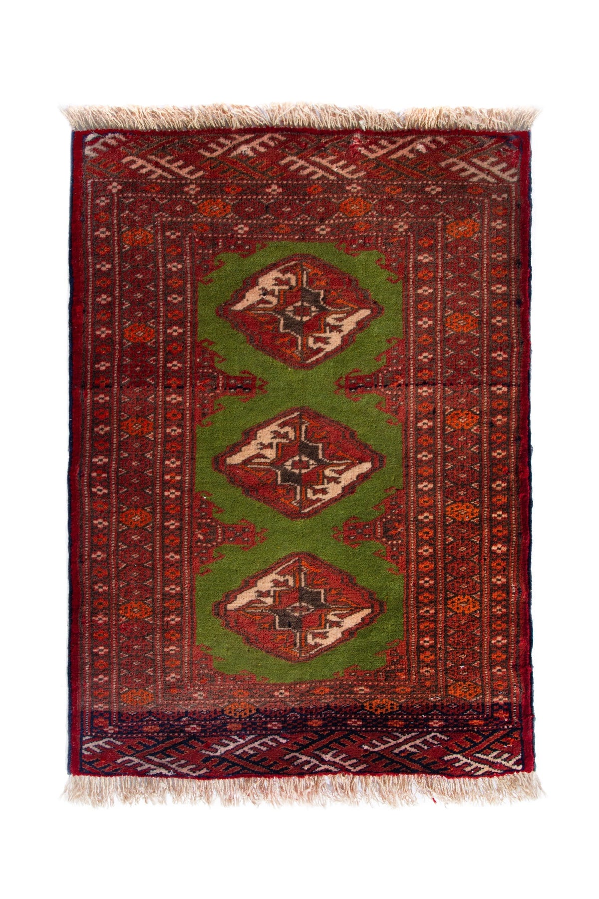 Persian Torkaman accent rug in deep red and olive, view 2 of 9
