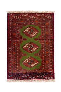 Persian Torkaman accent rug in deep red and olive, view 2 of 9