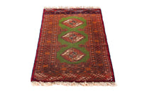Persian Torkaman accent rug in deep red and olive, view 4 of 9