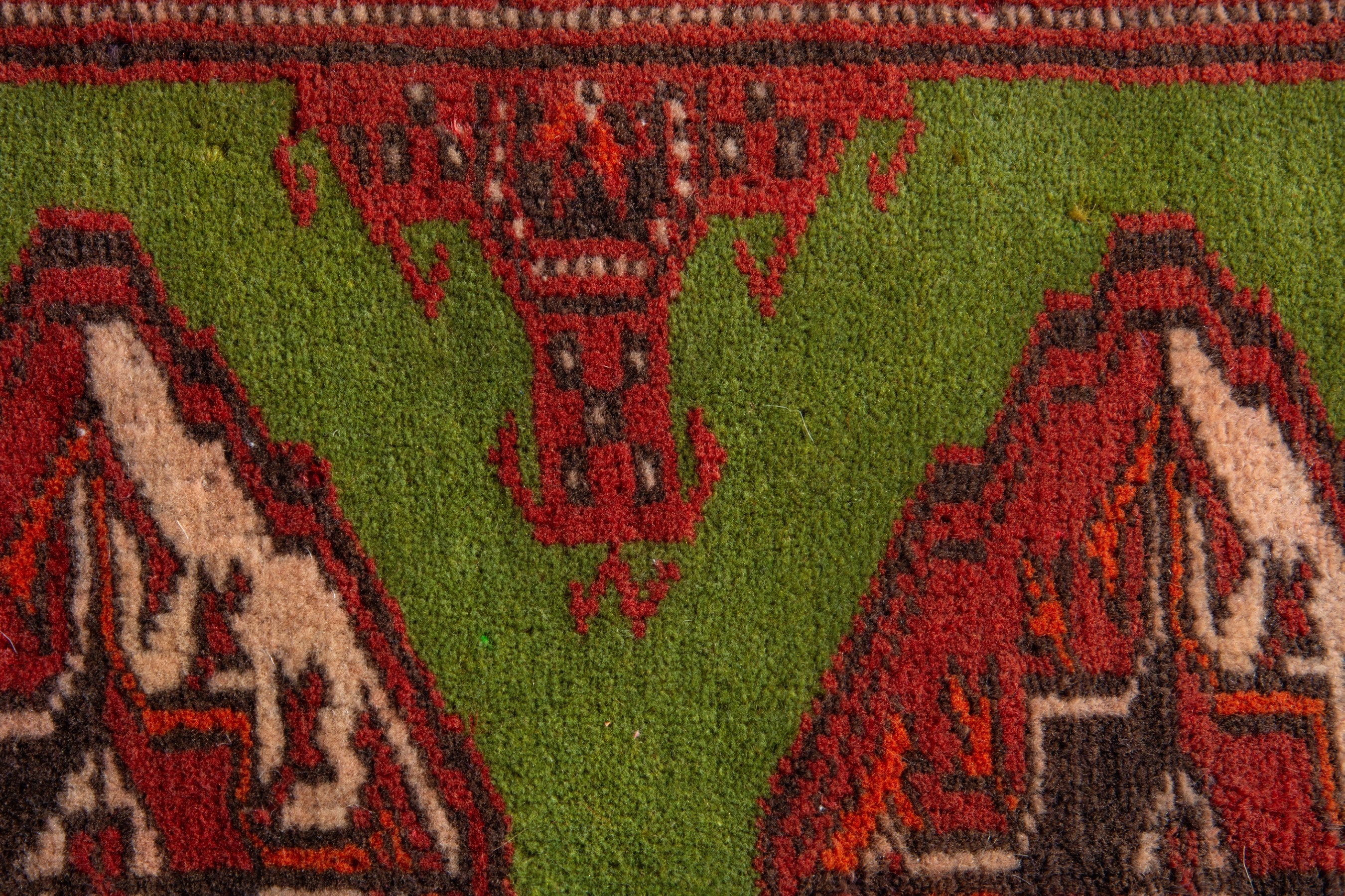 Persian Torkaman accent rug in deep red and olive, view 6 of 8