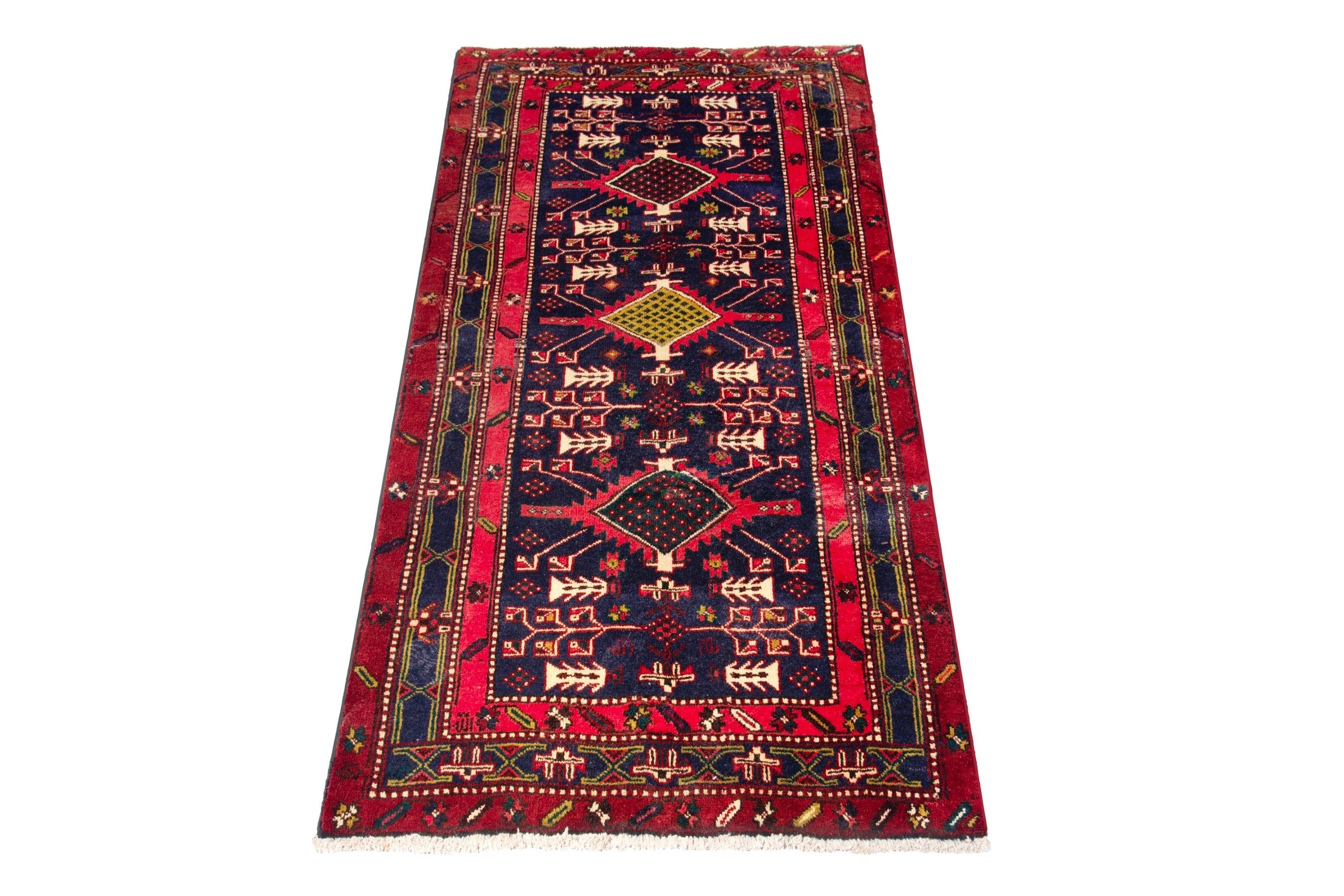 Persian Azerbaijan runner rug in deep red and navy, view 2 of 18