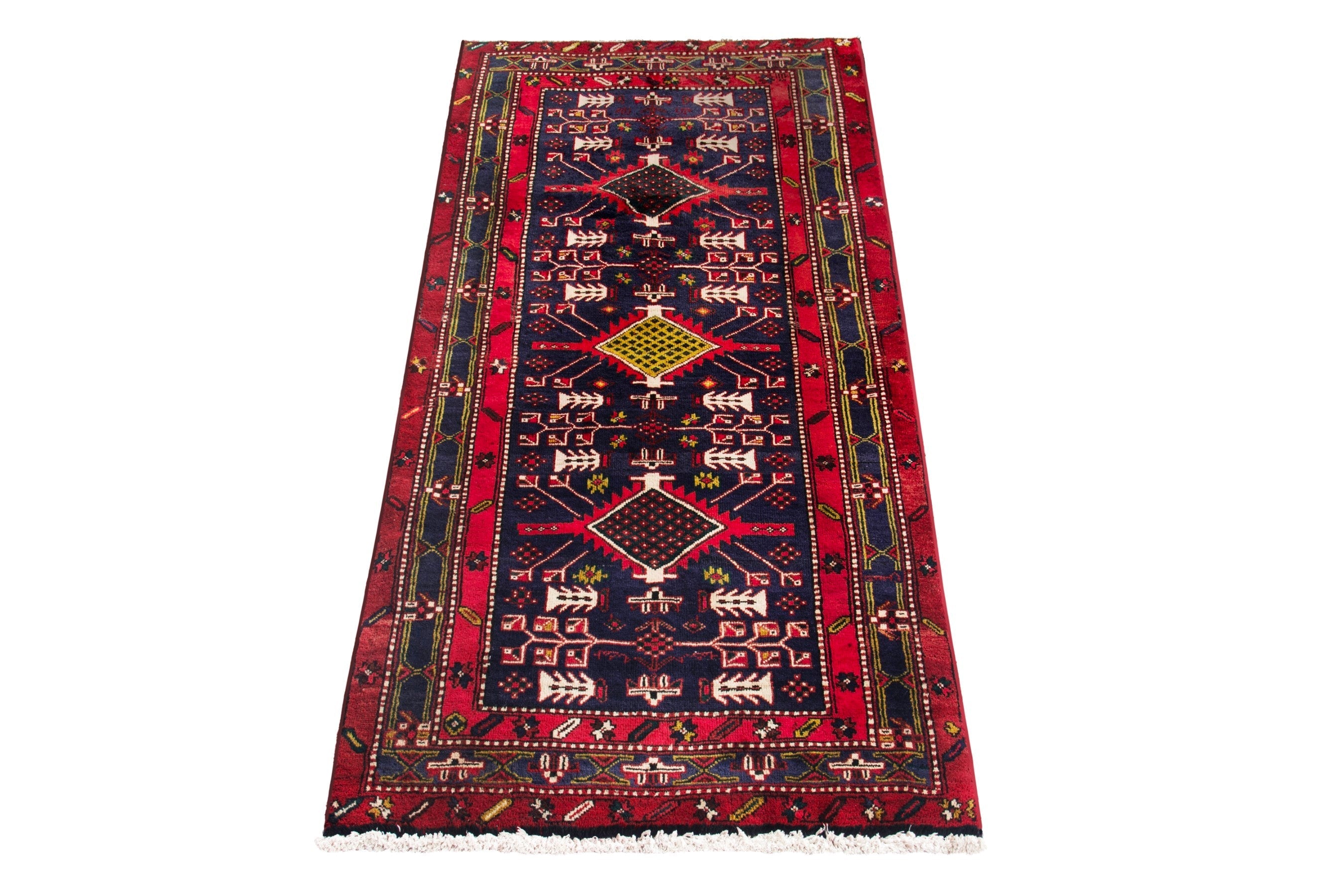 Persian Azerbaijan runner rug in deep red and navy, view 3 of 18