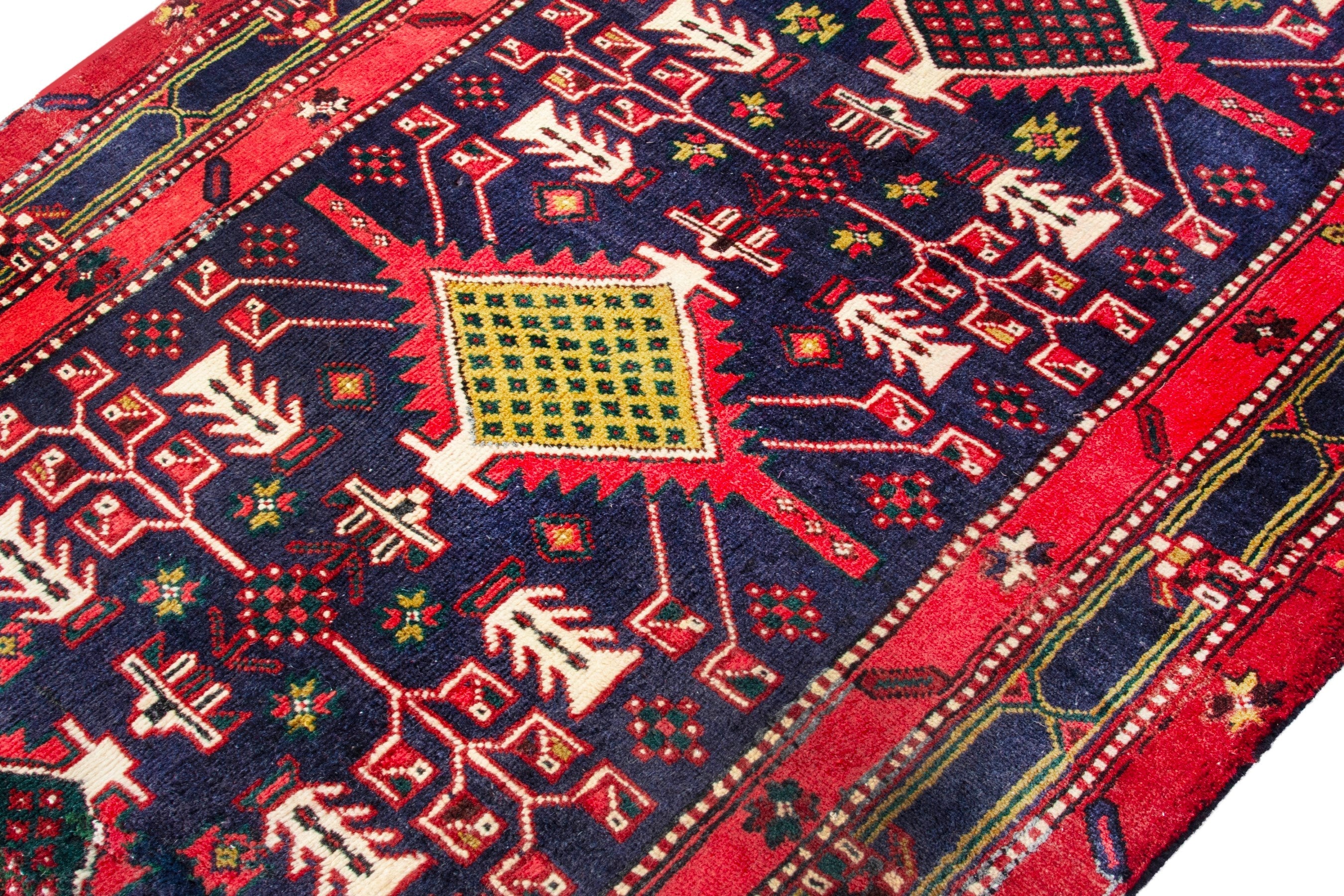 Persian Azerbaijan runner rug in deep red and navy, view 6 of 18