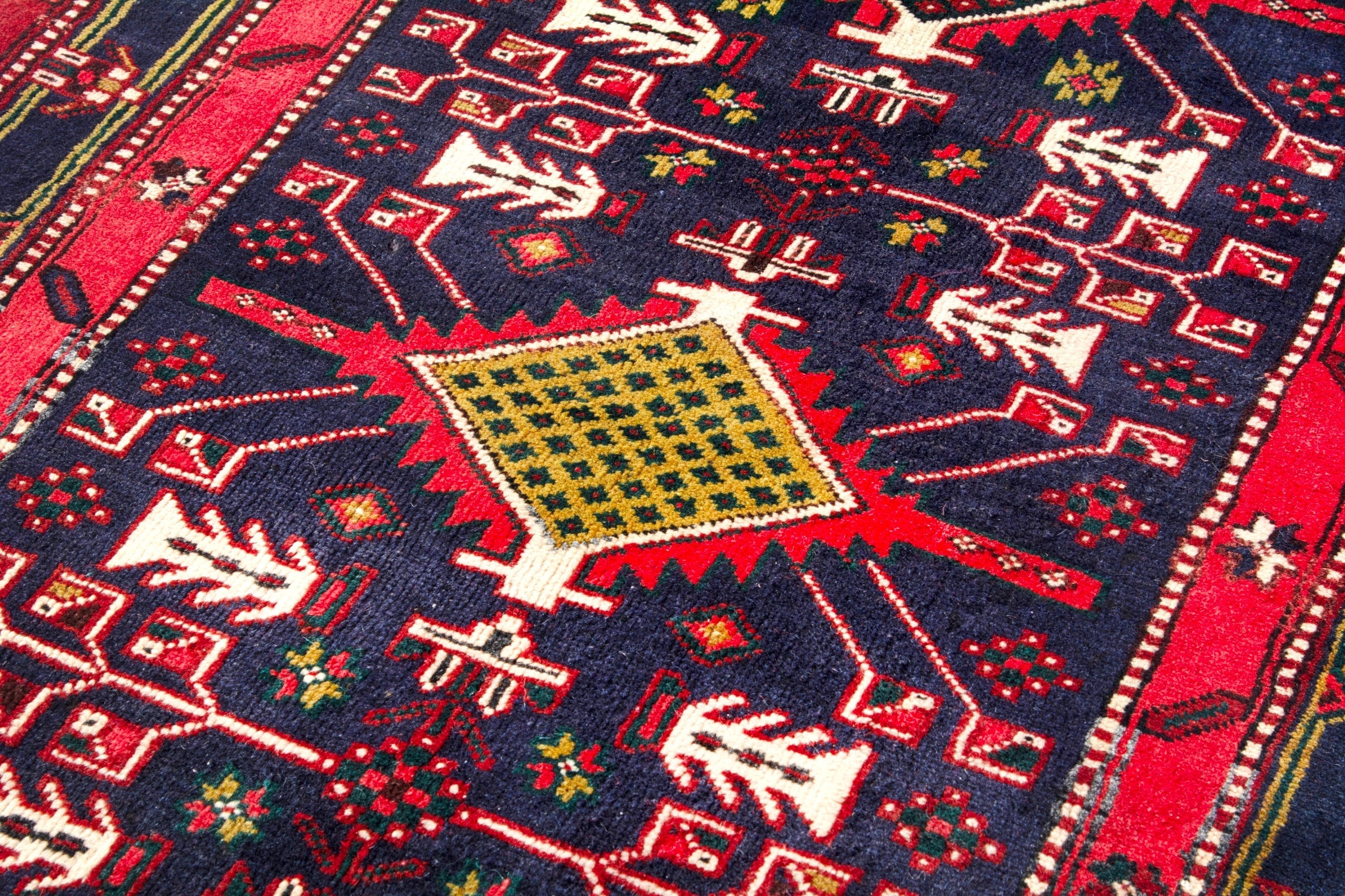 Persian Azerbaijan runner rug in deep red and navy, view 9 of 18