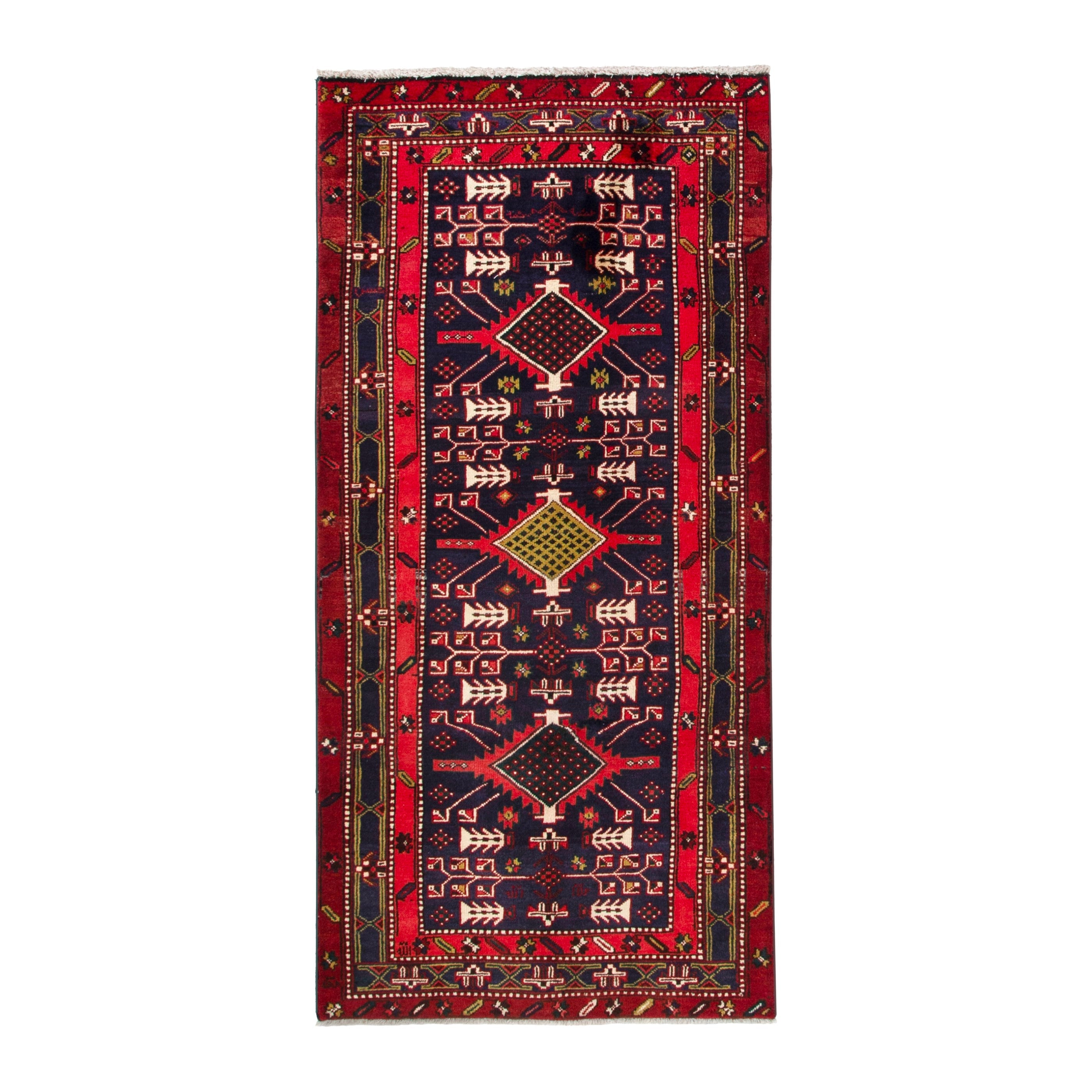 Persian Azerbaijan runner rug in deep red and navy, 3'8" x 7'8"