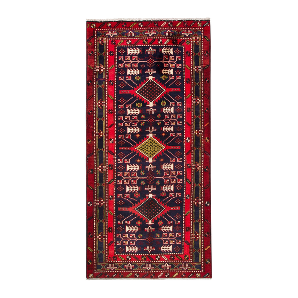 Persian Azerbaijan runner rug in deep red and navy, 3'8" x 7'8"