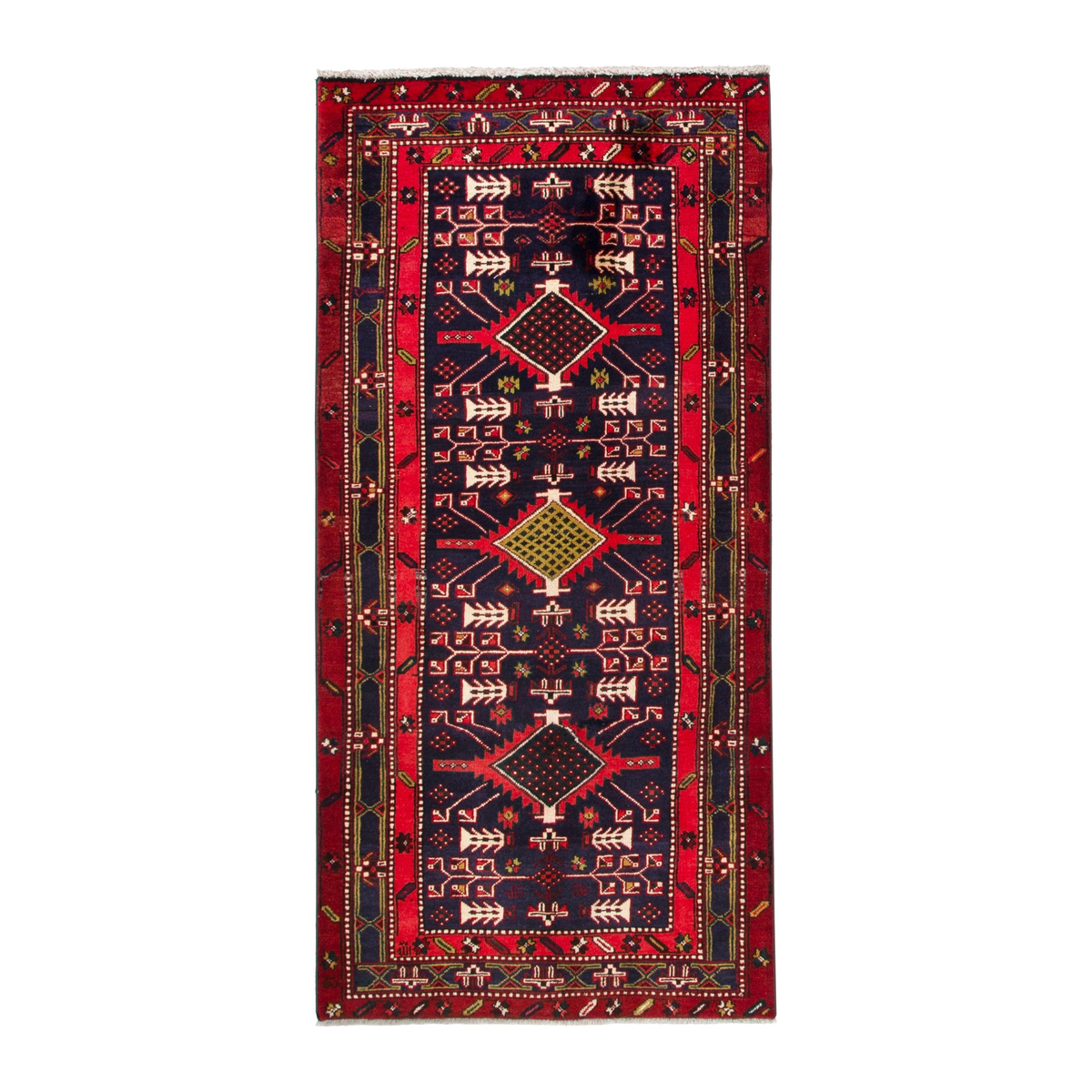 Persian Azerbaijan runner rug in deep red and navy, 3'8" x 7'8"
