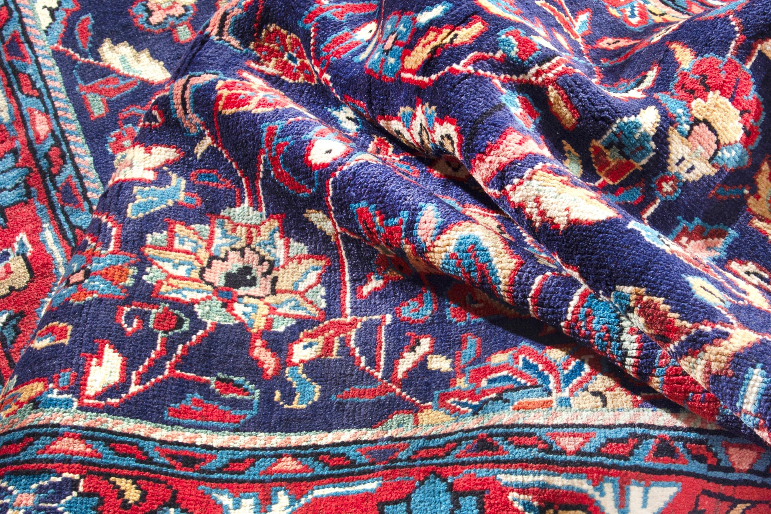 Persian Arak runner rug in navy and burgundy, view 17 of 18
