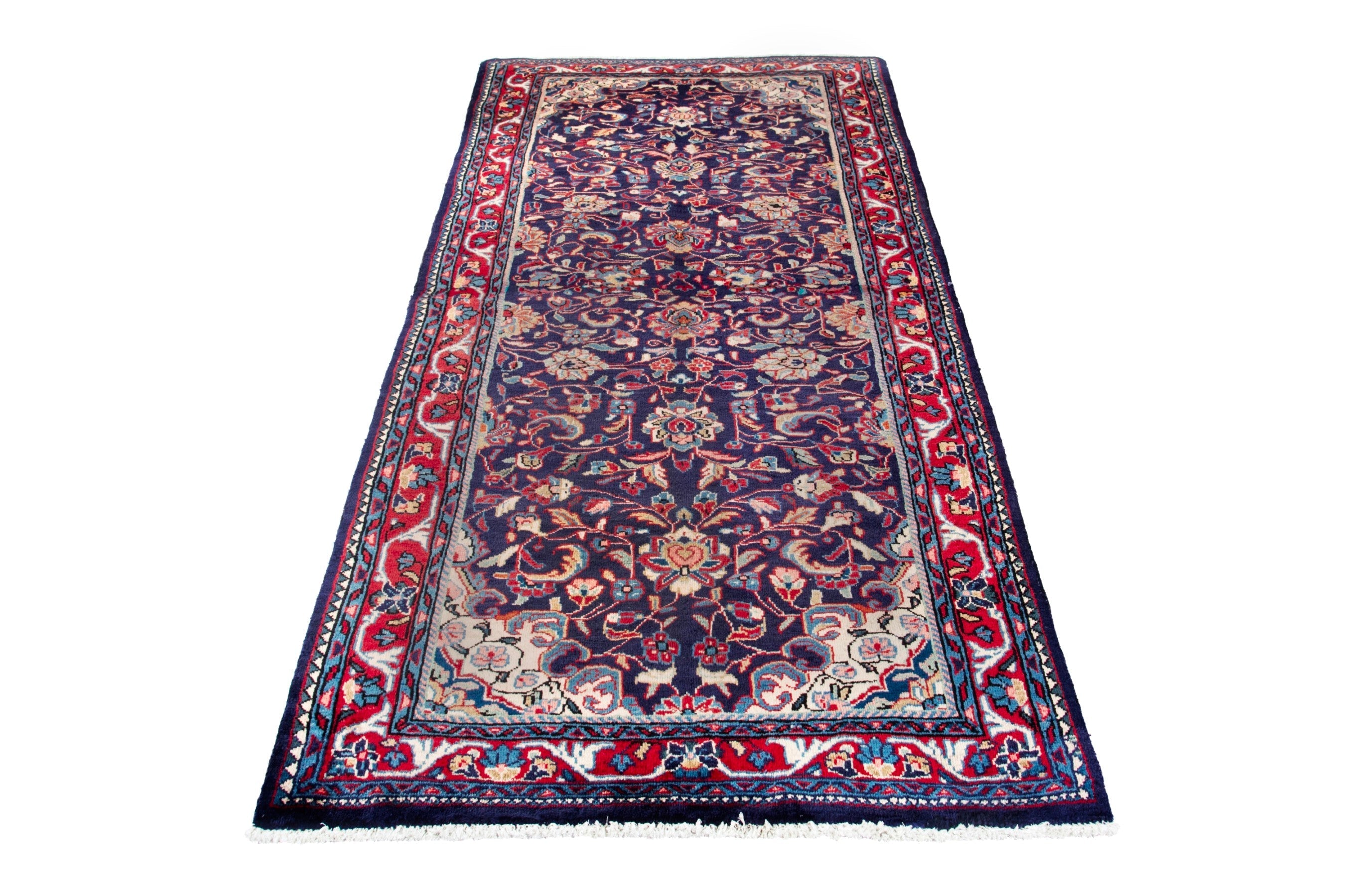 Persian Arak runner rug in navy and burgundy, view 2 of 18