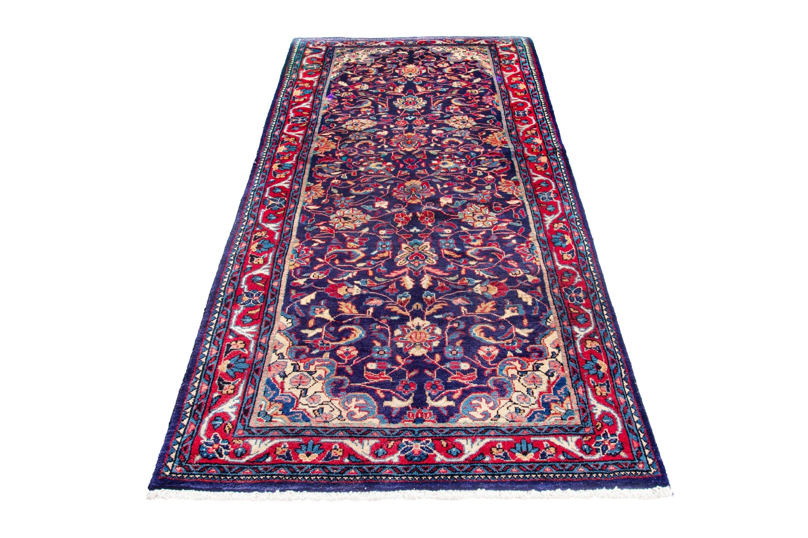 Persian Arak runner rug in navy and burgundy, view 3 of 18
