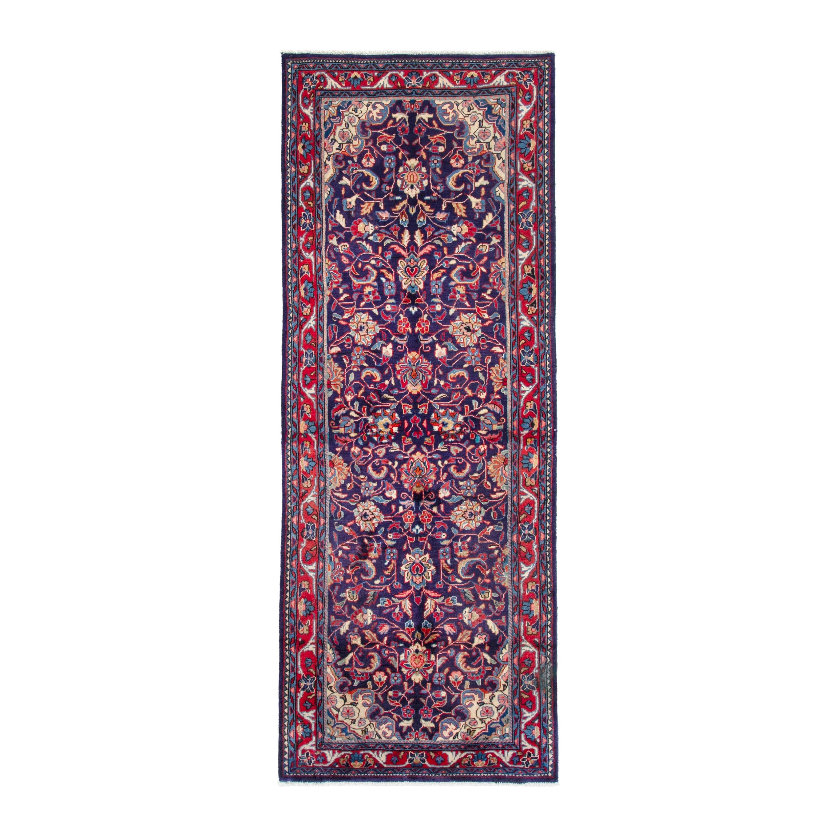Persian Arak runner rug in navy and burgundy, 3'10" x 10'8"