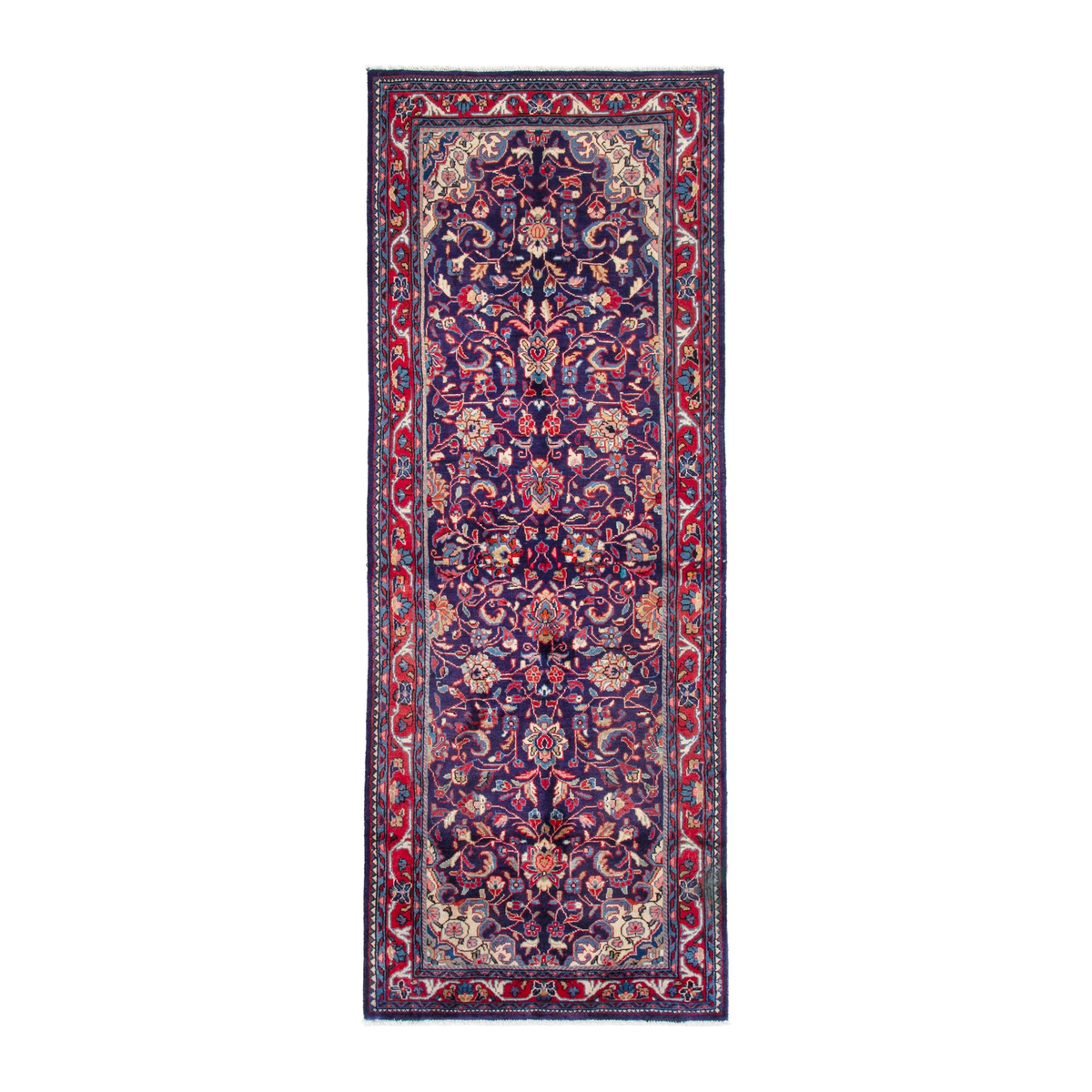 Persian Arak runner rug in navy and burgundy, 3'10" x 10'8"