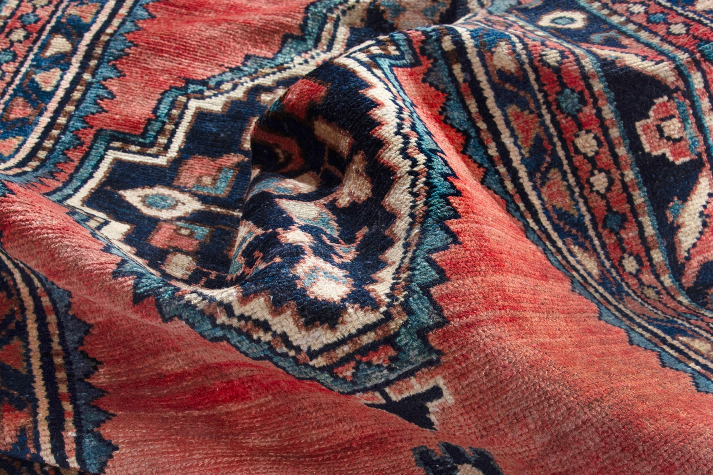 Persian Hamedan runner rug in rust and navy, view 16 of 18