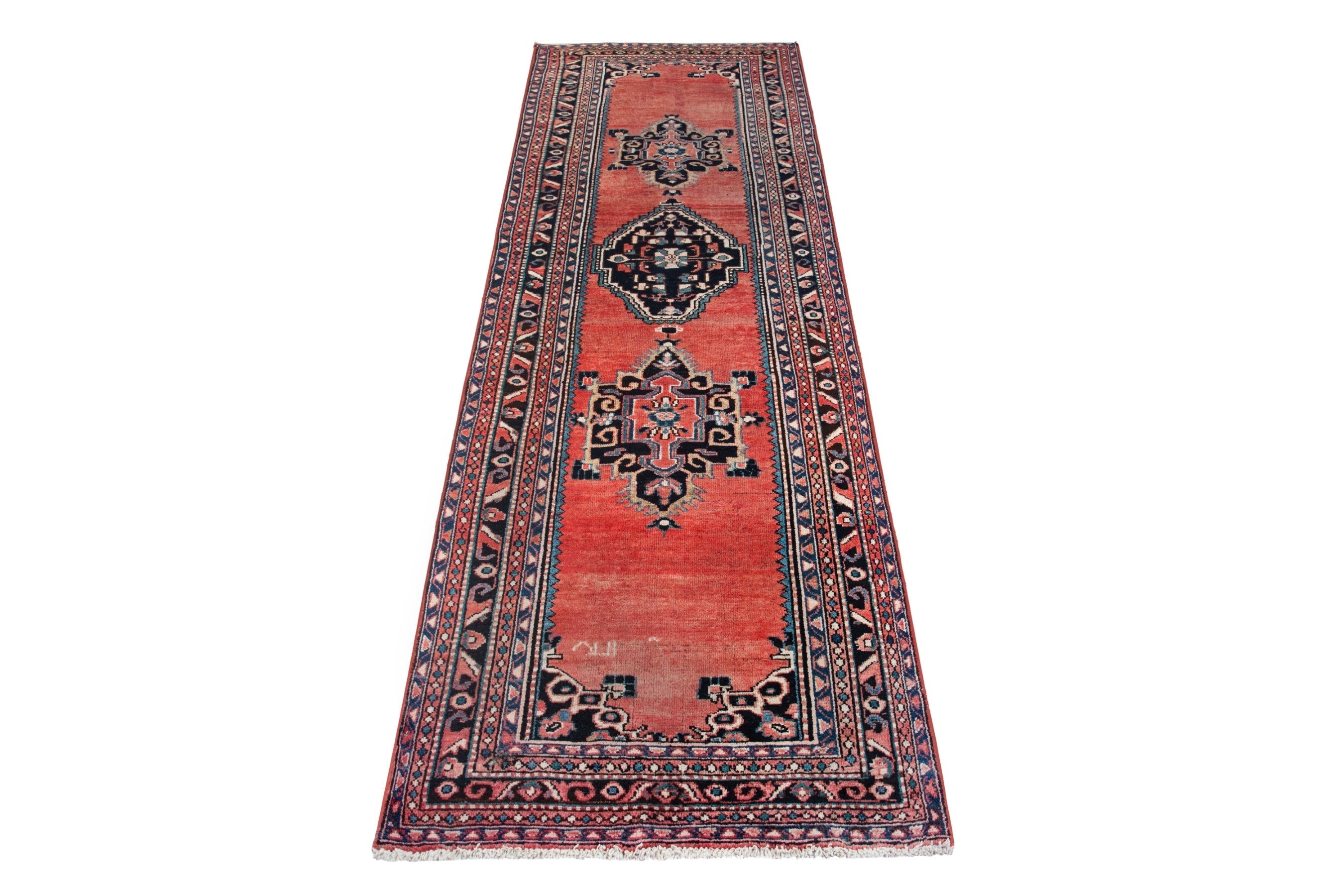 Persian Hamedan runner rug in rust and navy, view 2 of 18